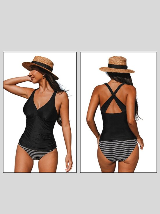 Cupshe Other - Cupshe Black Plunging Tankini Top & Striped Bottoms Set